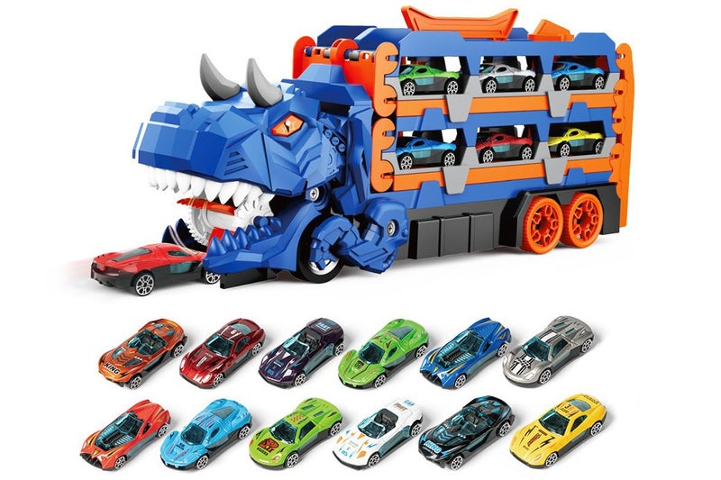 Car Truck Toys Set Dinosaur Transport Truck With 12PCS Cars Toys For Boys-Blue Carousel 1