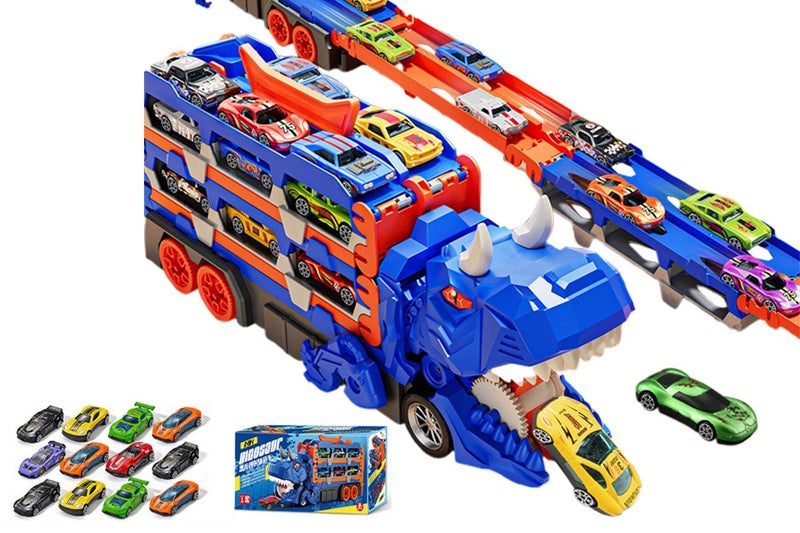 Car Truck Toys Set Dinosaur Transport Truck With 12PCS Cars Toys For Boys-Blue Carousel 2