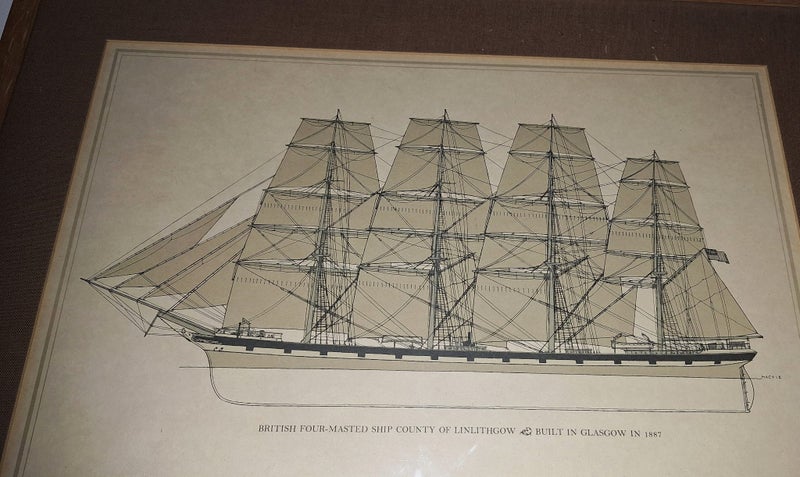 +++ VINTAGE " BRITISH FOUR MASTED SHIP COUNTY OF LINLITHGLOW " PRINT +++ Carousel 9