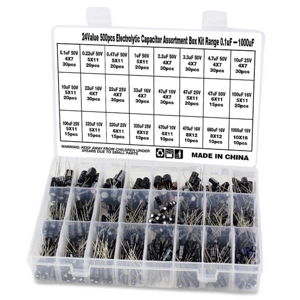 24Value 500pcs Electrolytic Capacitor Assortment Box Kit Range 0.1uF-1000uF64264502246146110