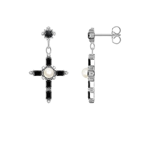 925 Sterling Silver Vintage Black Stone Cross Earrings Autumn For Women Carousel 1