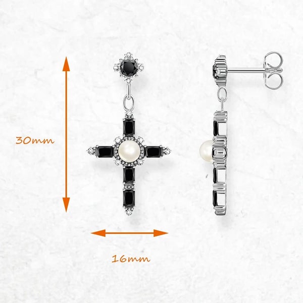 925 Sterling Silver Vintage Black Stone Cross Earrings Autumn For Women Carousel 2