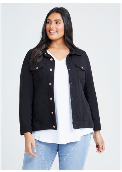 Virtuelle black stretch denim jacket, size 22. Carousel 1