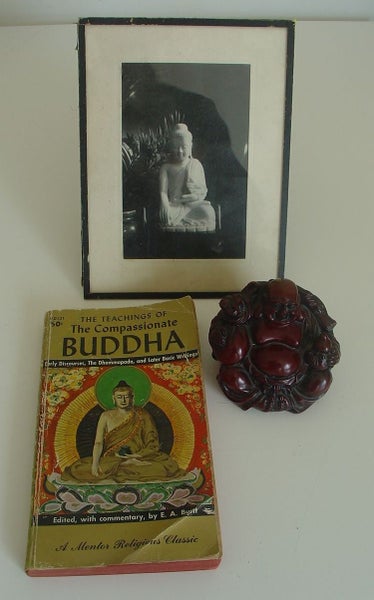 Buddha Figure Book of Teachings and Old Framed Photo Carousel 1