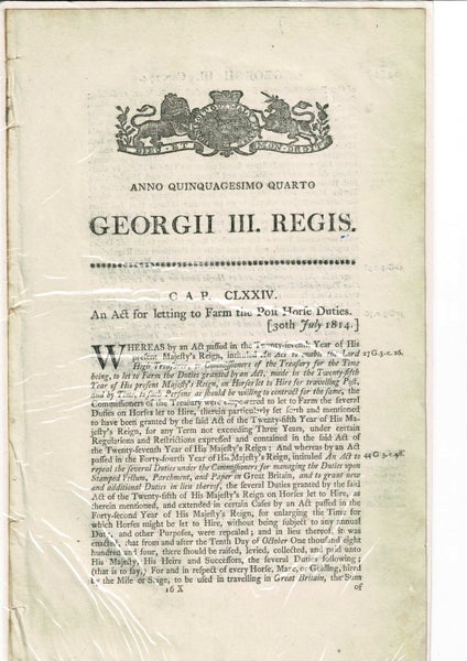 1814 original GB Act re letting from for post horse duties. George III document Carousel 1