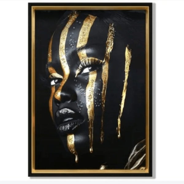 Afro Lady with Gold Strips Framed Canvas Wall Art Carousel 1
