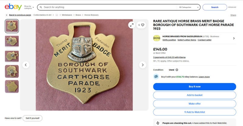 R.S.P.C.A. Horse Brass MERIT BADGE London Van Horse Parade 1928 Genuine ANTIQUE Carousel 5