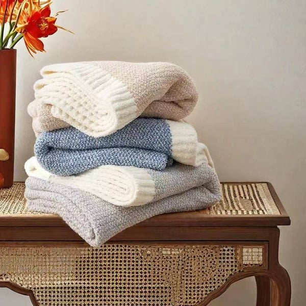 Elosung Beige And White Plush Chenille Knit Throw Blanket Soft Cozy Polyester Fo Carousel 2