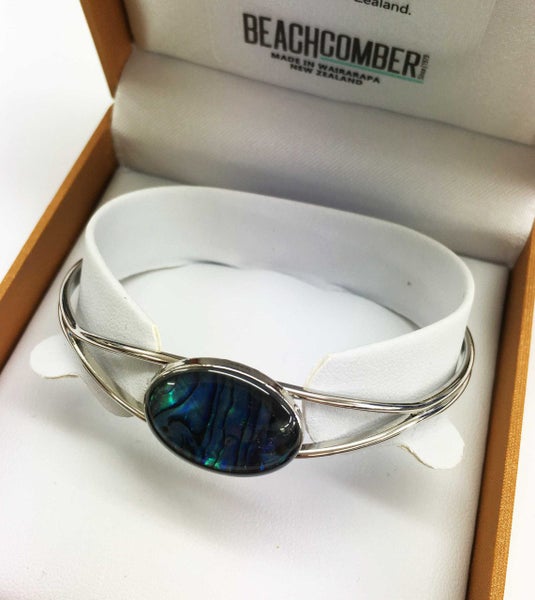 BBJ1204BG Paua Cuff Bangle Oval Silvertone Boxed Carousel 2