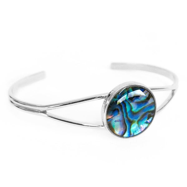 BBJ1205BG Paua Cuff Bangle Round Silvertone Boxed Carousel 1