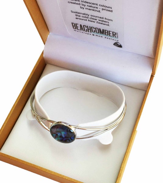 BBJ1205BG Paua Cuff Bangle Round Silvertone Boxed Carousel 2