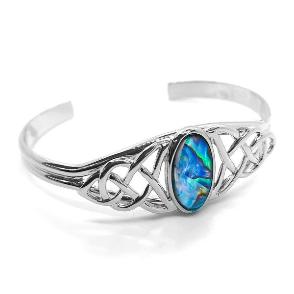 BBJ1207BG Paua Cuff Bangle Silvertone Celtic Design Boxed Carousel 1