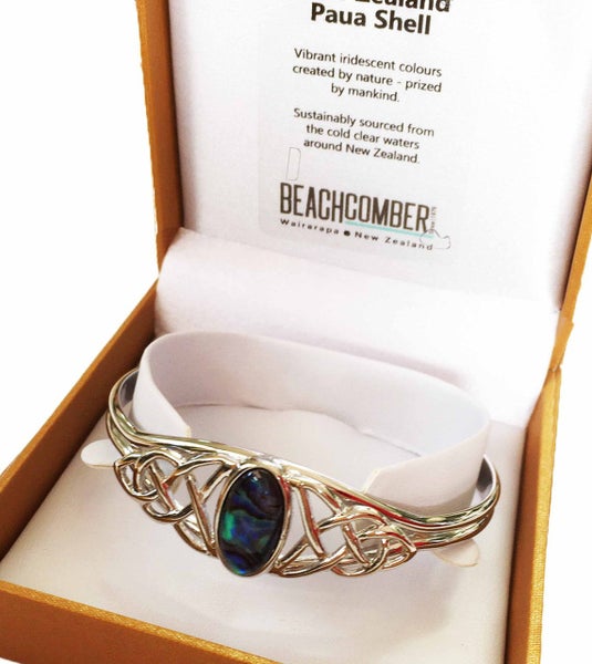 BBJ1207BG Paua Cuff Bangle Silvertone Celtic Design Boxed Carousel 2