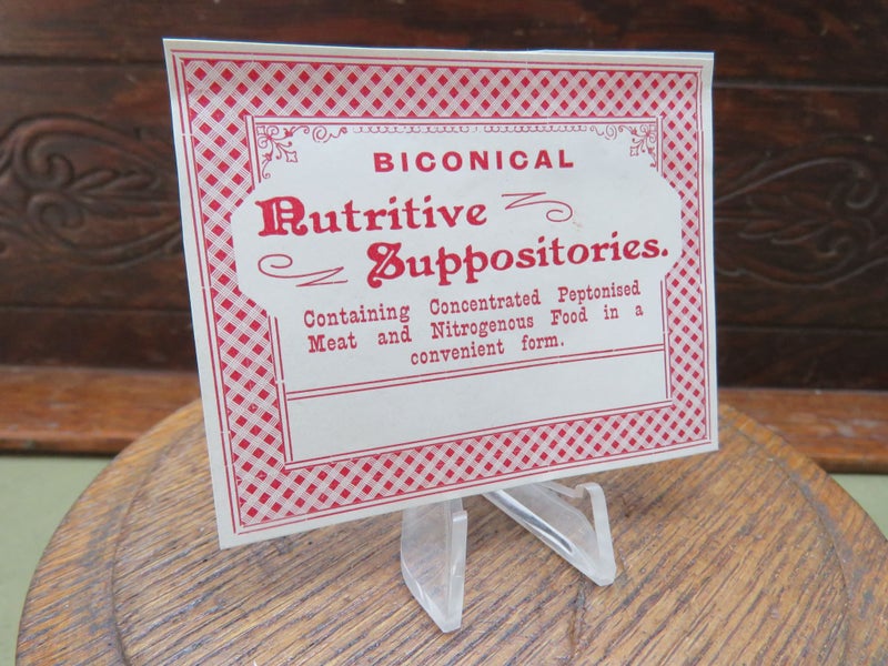 Stunning Early Antique Chemist Bottle Label Bi Conical Nutritive Suppositories Carousel 1