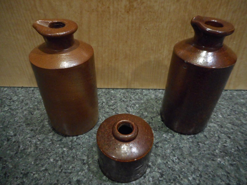 Brown Pottery Ink Bottles x 3. Carousel 1
