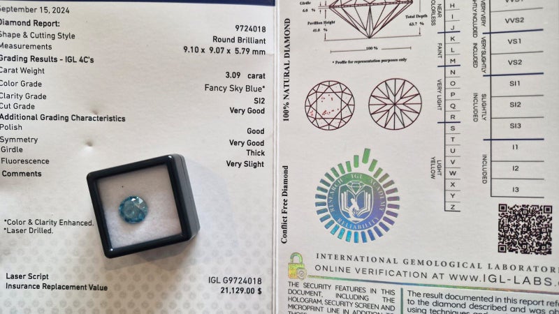 $1 RES * Valuation $36,379.00 * 3.09ct Round Large BLUE Diamond Loose IGL CERT Carousel 1