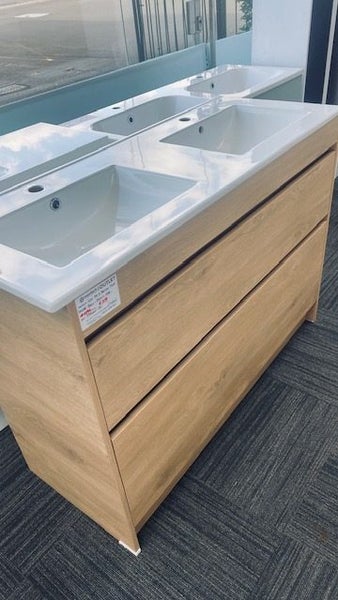 1200 Lux 2 Draw Floor standing Vanity in Devon Oak with Clasico Double Basin Carousel 1