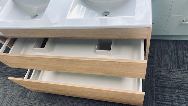 1200 Lux 2 Draw Floor standing Vanity in Devon Oak with Clasico Double Basin Carousel 2