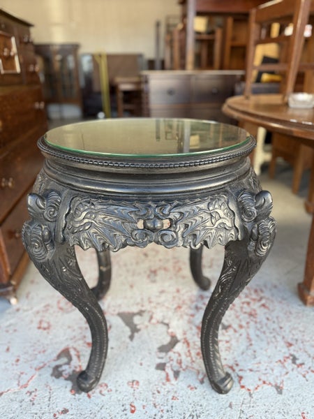 Circa 1910's Ebonised Carved Chinese Circular Dragon Side Table Carousel 1