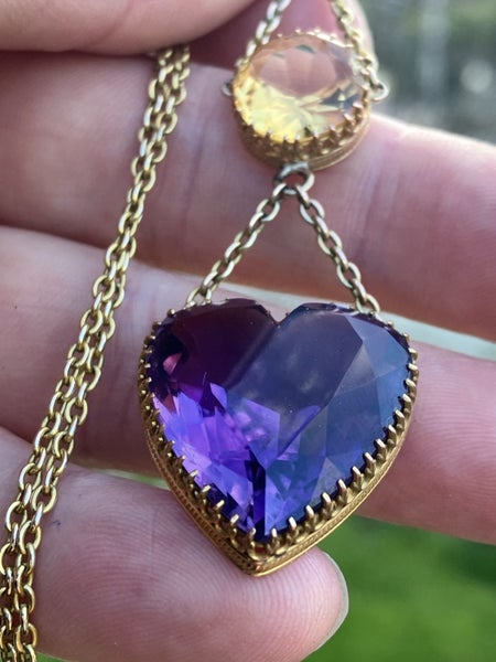 Antique 9CT Gold Amethyst Heart Necklace W/ Citrine Carousel 1
