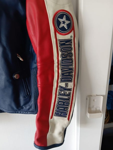 Blue/Red/White Vintage Harley Davidson Rapid City Leather Biker Racing Jacket m63617298658434112