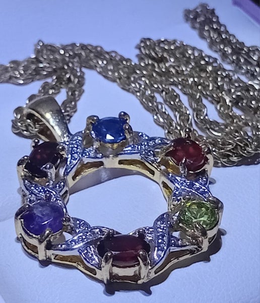 Genuine rare sapphire, garnet, peridot & sapphire 14kt gdp pendant & chain Carousel 1