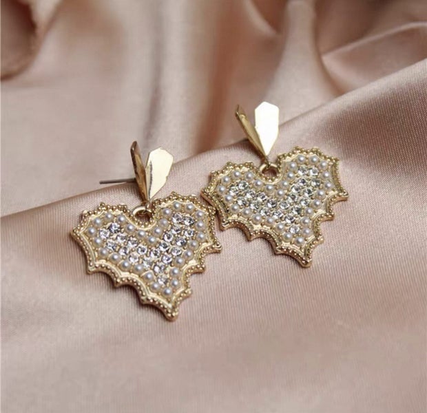Gold Heart Drop Earrings – Rhinestone & Beaded Statement Dangle Jewelry Carousel 1