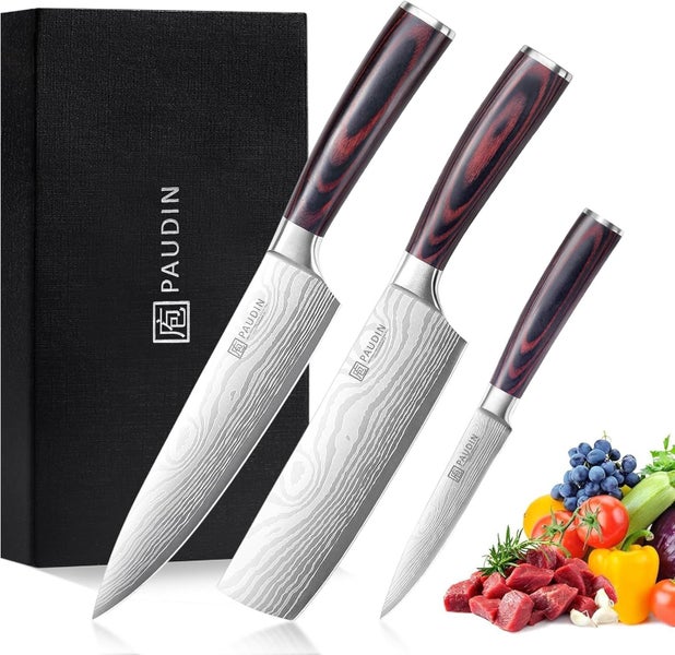 PAUDIN Kitchen 3pc Knife Set, Professional Kitchen Chef Knives with Wood Handle Carousel 1