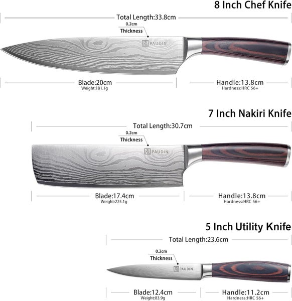 PAUDIN Kitchen 3pc Knife Set, Professional Kitchen Chef Knives with Wood Handle Carousel 6
