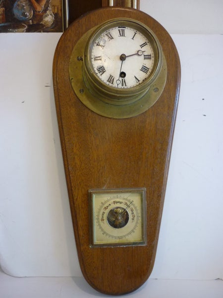 SHIPS BRASS CLOCK "ELLIOT" & BAROMETER. OAK BACK BOARD. Carousel 1