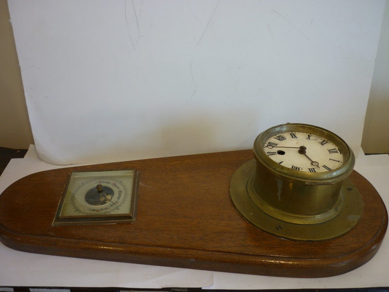 SHIPS BRASS CLOCK "ELLIOT" & BAROMETER. OAK BACK BOARD. Carousel 2