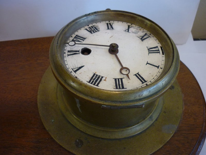 SHIPS BRASS CLOCK "ELLIOT" & BAROMETER. OAK BACK BOARD. Carousel 5