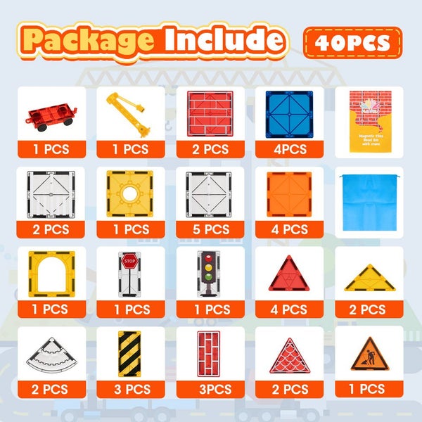 40Pcs Kids Magnetic Tiles Road Set City Building Toys Child Gift Carousel 2