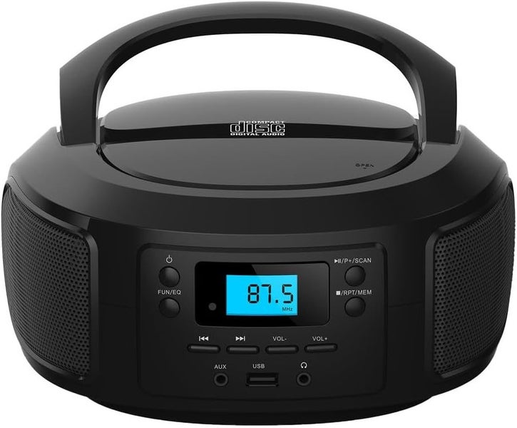 CD Player & FM Radio, Bluetooth, USB,Aux In, Power or Portable Battery, Black Carousel 2