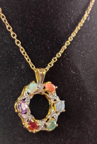 Genuine opal, garnet, pink coral, amethyst, blue & green jade, pendant Carousel 13