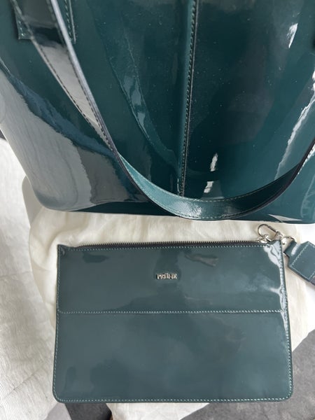 Argentinian designer: Green patent tote and clutch $600+63617615497986111