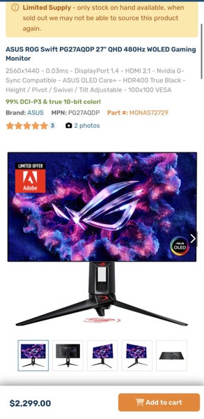 ASUS ROG Swift PG27AQDP 27" QHD 480Hz WOLED Gaming Monitor (Sealed)63617456076163113