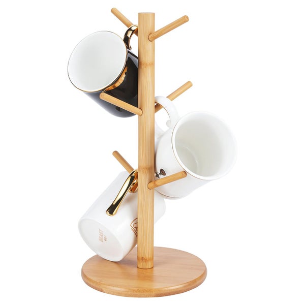 Bamboo Mug Rack 6 Hook Countertop Coffee Cup Holder Non Slip Carousel 1