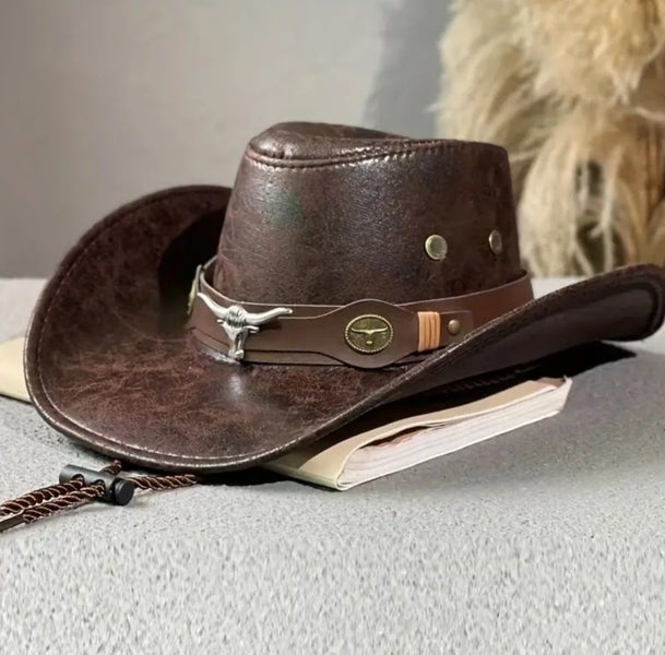 Mens Sz L Cowboy Outback Rodeo PU Leather Hat Bull Head Buckle Country Western63617468722050111