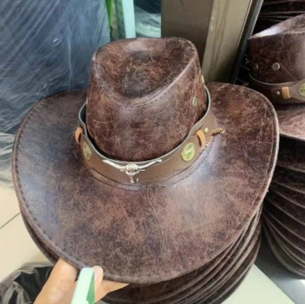 Mens Sz L Cowboy Outback Rodeo PU Leather Hat Bull Head Buckle Country Western63617468722050112