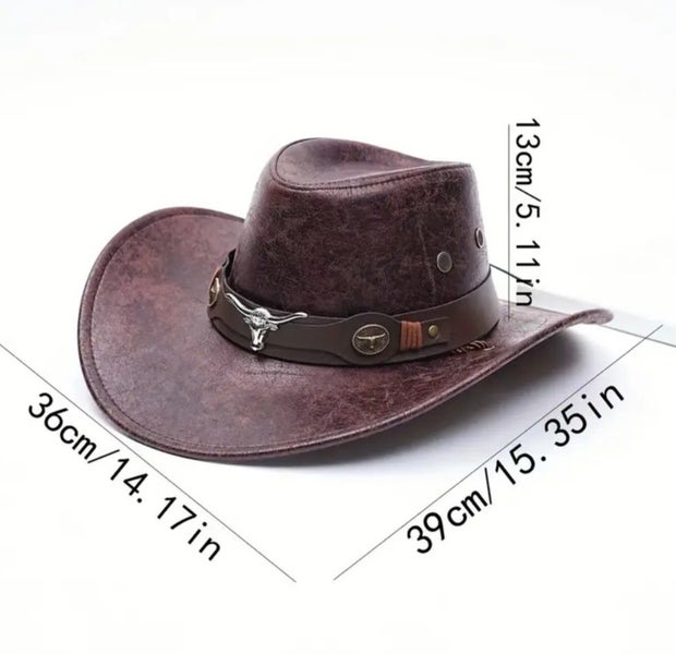 Mens Sz L Cowboy Outback Rodeo PU Leather Hat Bull Head Buckle Country Western63617468722050113
