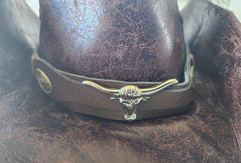 Mens Sz L Cowboy Outback Rodeo PU Leather Hat Bull Head Buckle Country Western63617468722050114