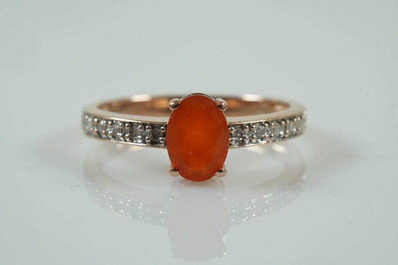 Fabulous 9ct RoseG Natural Orange Mexican Fire Opal & Diamond Ring Carousel 1