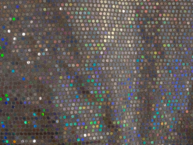 white lycra fabric with holographic shiny circles Carousel 1