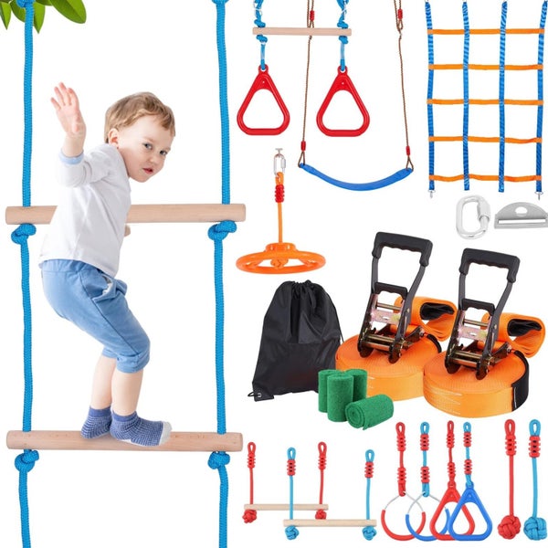 2x60 ft Ninja Warrior Obstacle Course Kids Outdoor Slackline 14 Obstacles Carousel 1