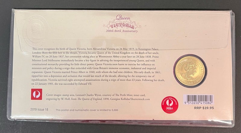 AUSTRALIA 2019 200 YEARS SINCE BIRTH OF QUEEN VICTORIA $1 stamp and coin cover Carousel 2