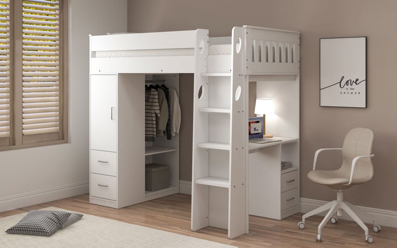 Albany Single Loft Bunk - Full White, Desk, Drawers, Wardrobe & Shelving Carousel 1