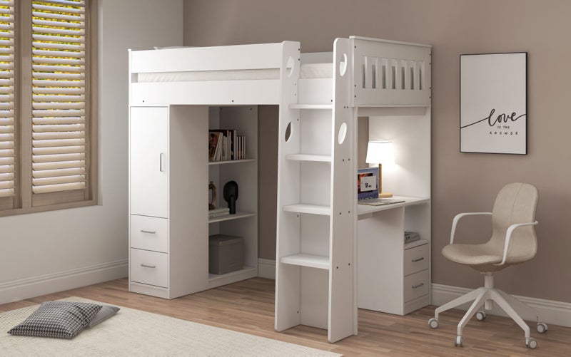 Albany Single Loft Bunk - Full White, Desk, Drawers, Wardrobe & Shelving Carousel 2