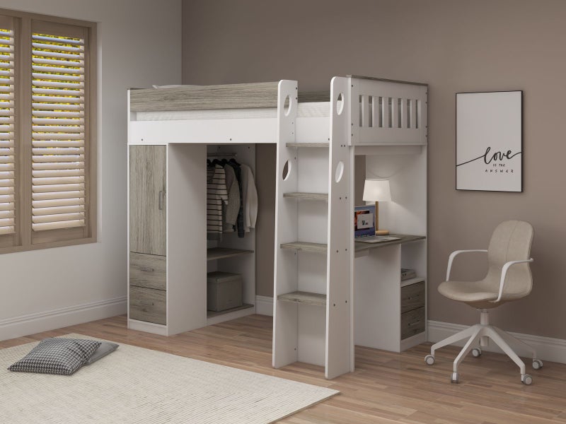 Albany King Single Loft Bunk - White/Grey, Desk, Drawers, Wardrobe & Shelving Carousel 1