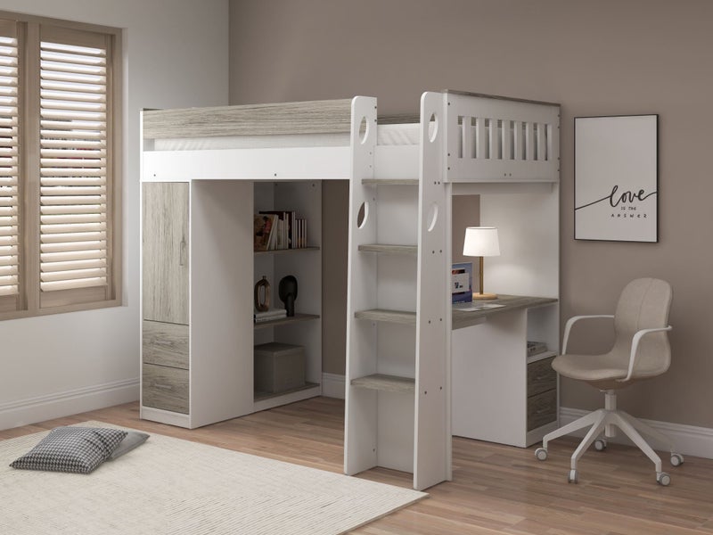 Albany King Single Loft Bunk - White/Grey, Desk, Drawers, Wardrobe & Shelving Carousel 2
